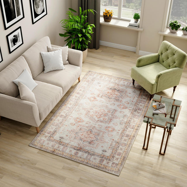 Washable Ivory 5' 1 x 8' Timeless Rectangle Area Rug Easy to Clean Stain Resistant & Durable Traditional Classic Vintage Design Carpet for Sale at Rug Engine