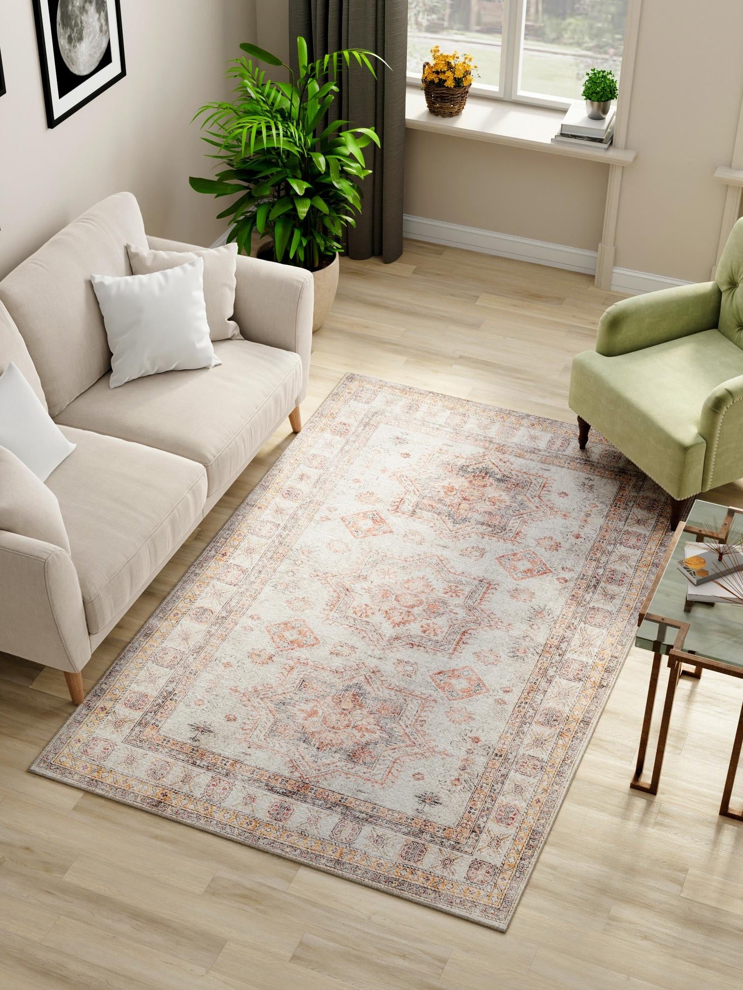 Washable Ivory 6' 1 x 9' Timeless Rectangle Area Rug Easy to Clean Stain Resistant & Durable Traditional Classic Vintage Design Carpet for Sale at Rug Engine