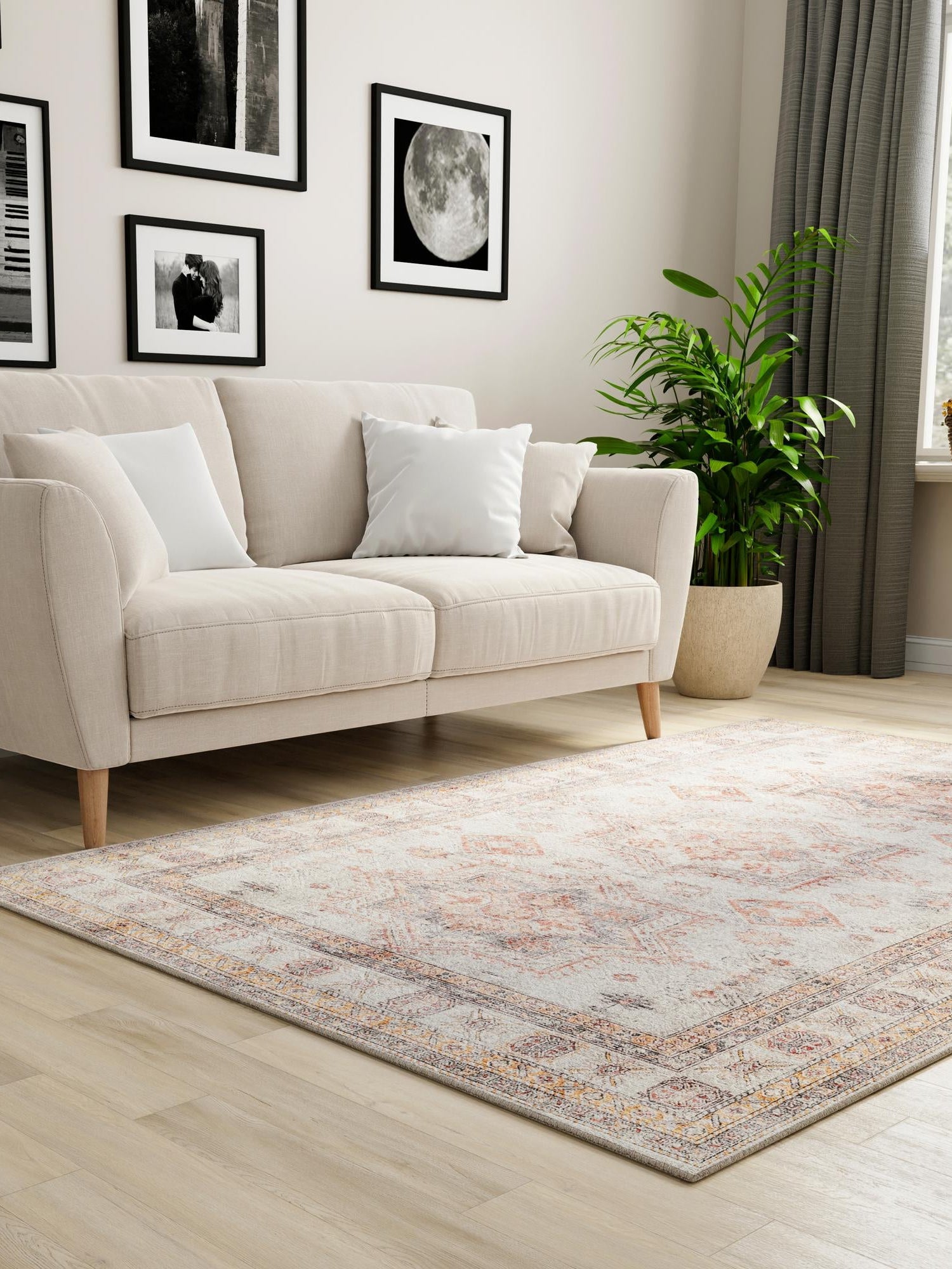 Washable Ivory 6' 1 x 9' Timeless Rectangle Area Rug Easy to Clean Stain Resistant & Durable Traditional Classic Vintage Design Carpet for Sale at Rug Engine