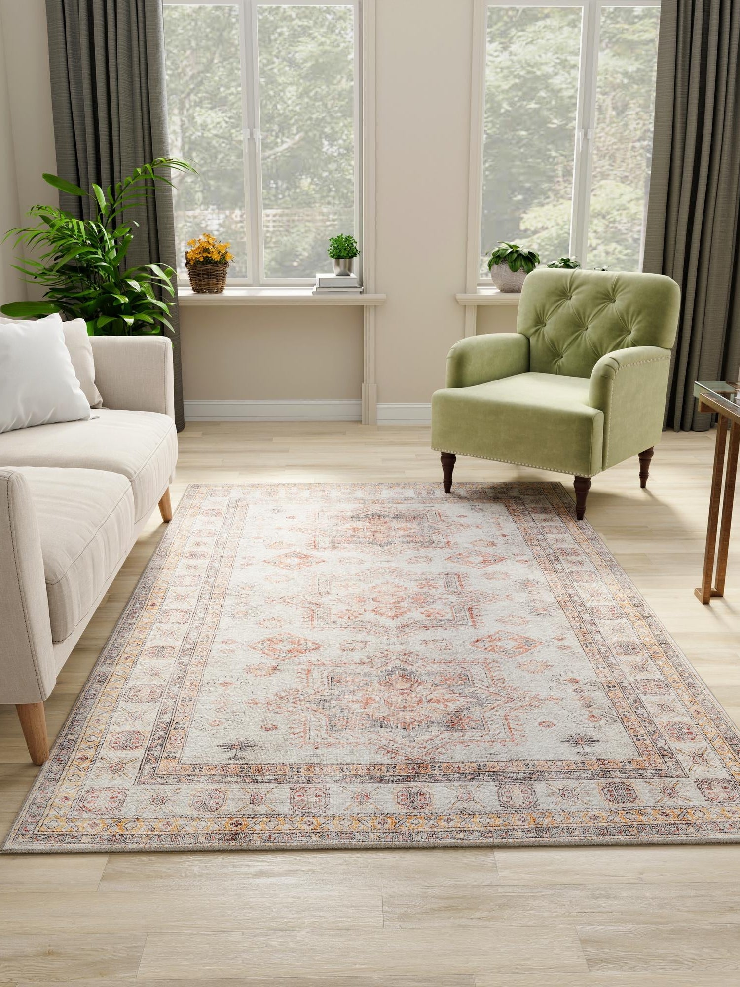 Washable Ivory 6' 1 x 9' Timeless Rectangle Area Rug Easy to Clean Stain Resistant & Durable Traditional Classic Vintage Design Carpet for Sale at Rug Engine