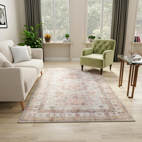 Washable Ivory 6' 1 x 9' Timeless Rectangle Area Rug Easy to Clean Stain Resistant & Durable Traditional Classic Vintage Design Carpet for Sale at Rug Engine