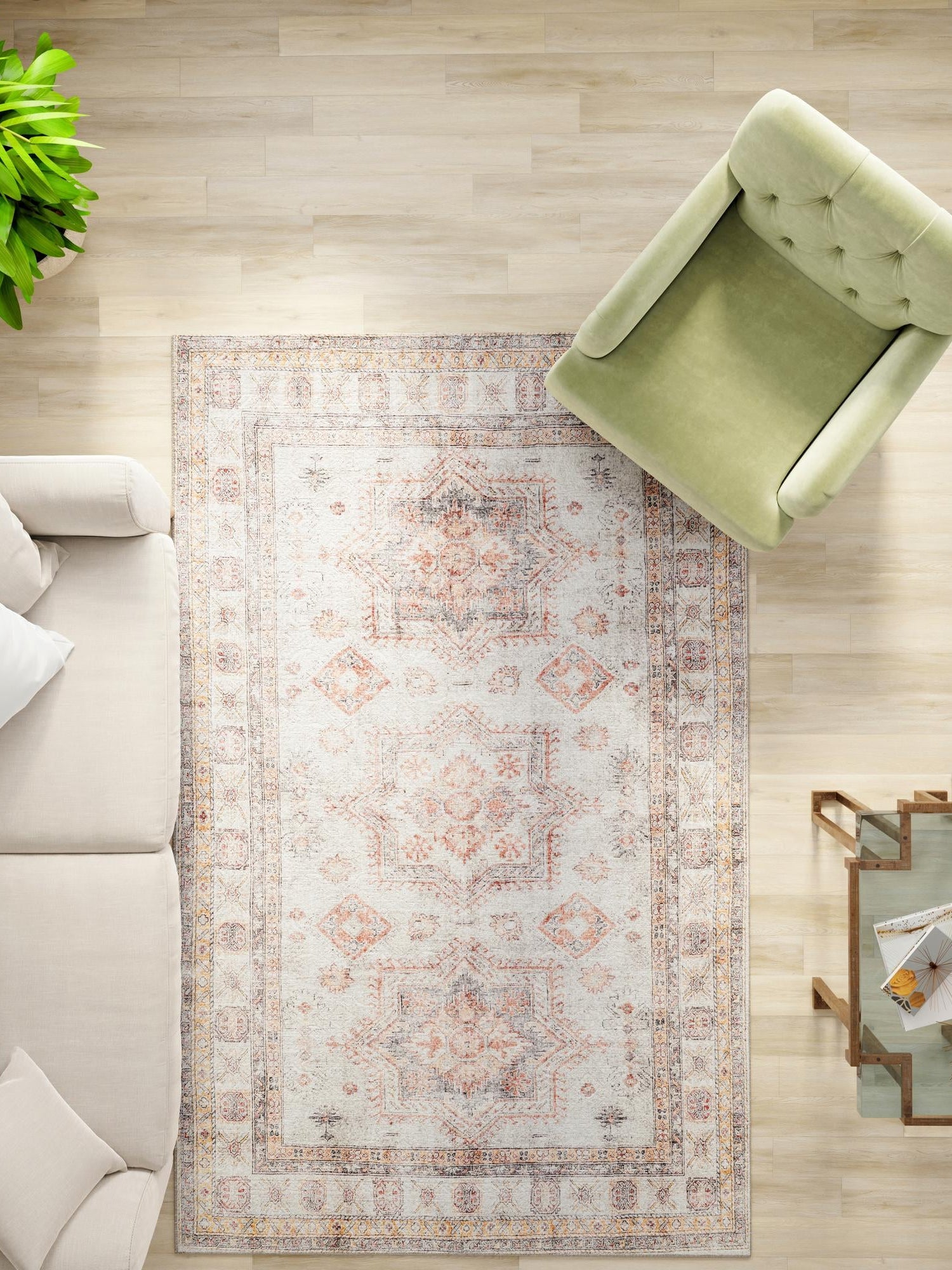 Washable Ivory 6' 1 x 9' Timeless Rectangle Area Rug Easy to Clean Stain Resistant & Durable Traditional Classic Vintage Design Carpet for Sale at Rug Engine