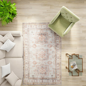 Washable Ivory 6' 1 x 9' Timeless Rectangle Area Rug Easy to Clean Stain Resistant & Durable Traditional Classic Vintage Design Carpet for Sale at Rug Engine