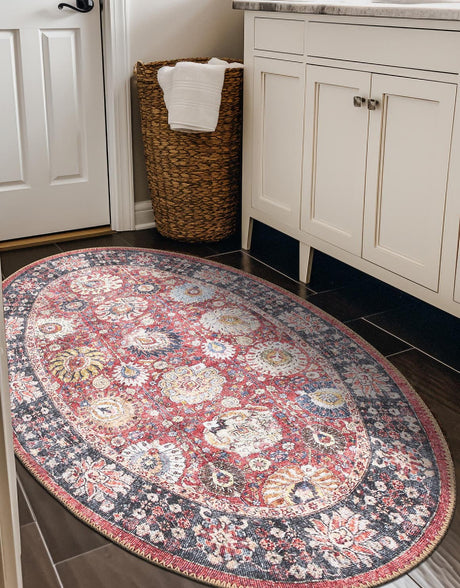Washable Vintage Red 2' x 3' 1 Timeless Oval Area Rug Easy to Clean Stain Resistant & Durable Traditional Classic Vintage Design Carpet for Sale at Rug Engine