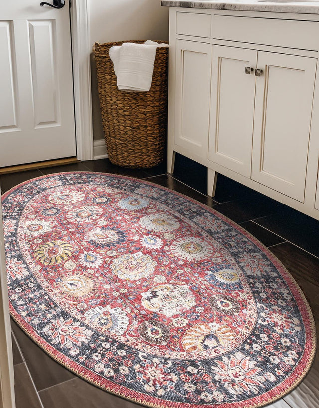 Washable Vintage Red 2' x 3' 1 Timeless Oval Area Rug Easy to Clean Stain Resistant & Durable Traditional Classic Vintage Design Carpet for Sale at Rug Engine