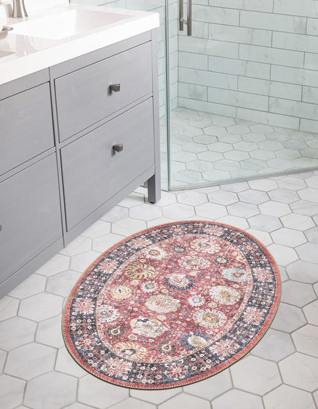 Washable Vintage Red 2' x 3' 1 Timeless Oval Area Rug Easy to Clean Stain Resistant & Durable Traditional Classic Vintage Design Carpet for Sale at Rug Engine