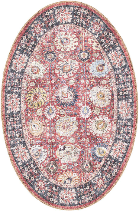 Washable Vintage Red 2' x 3' 1 Timeless Oval Area Rug Easy to Clean Stain Resistant & Durable Traditional Classic Vintage Design Carpet for Sale at Rug Engine