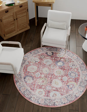 Washable Vintage Red 2' x 2' Timeless Round Area Rug Easy to Clean Stain Resistant & Durable Traditional Classic Vintage Design Carpet for Sale at Rug Engine