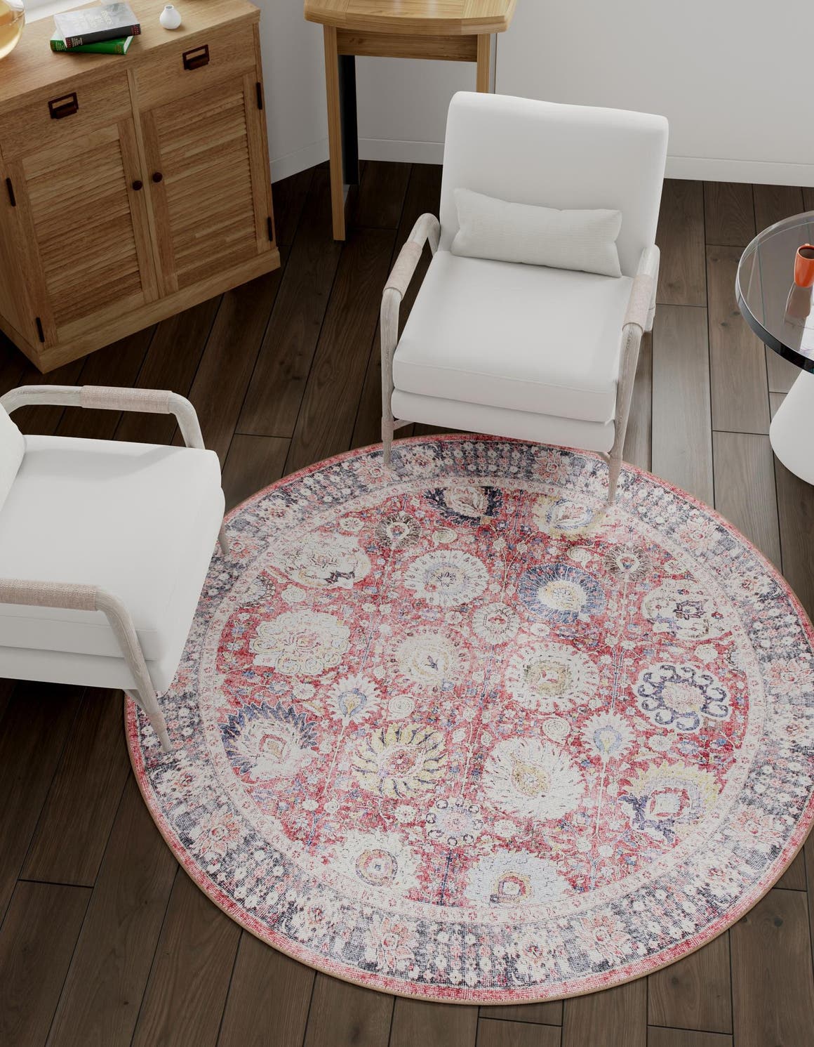 Washable Vintage Red 3' 6 x 3' 6 Timeless Round Area Rug Easy to Clean Stain Resistant & Durable Traditional Classic Vintage Design Carpet for Sale at Rug Engine