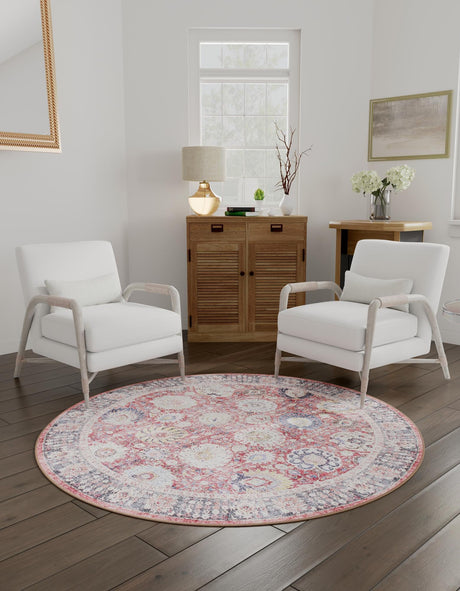 Washable Vintage Red 3' 6 x 3' 6 Timeless Round Area Rug Easy to Clean Stain Resistant & Durable Traditional Classic Vintage Design Carpet for Sale at Rug Engine
