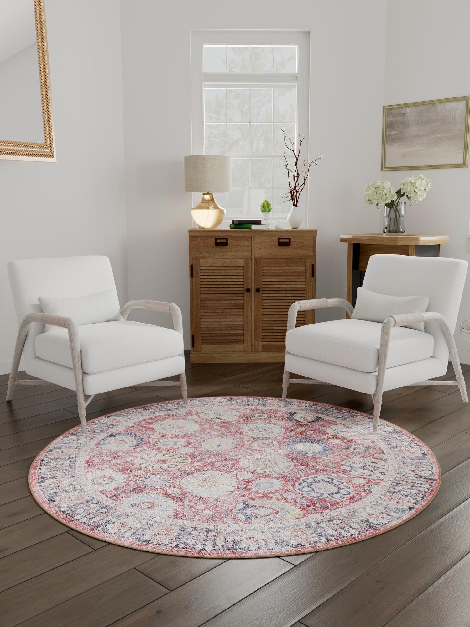 Washable Vintage Red 7' 10 x 7' 10 Timeless Round Area Rug Easy to Clean Stain Resistant & Durable Traditional Classic Vintage Design Carpet for Sale at Rug Engine