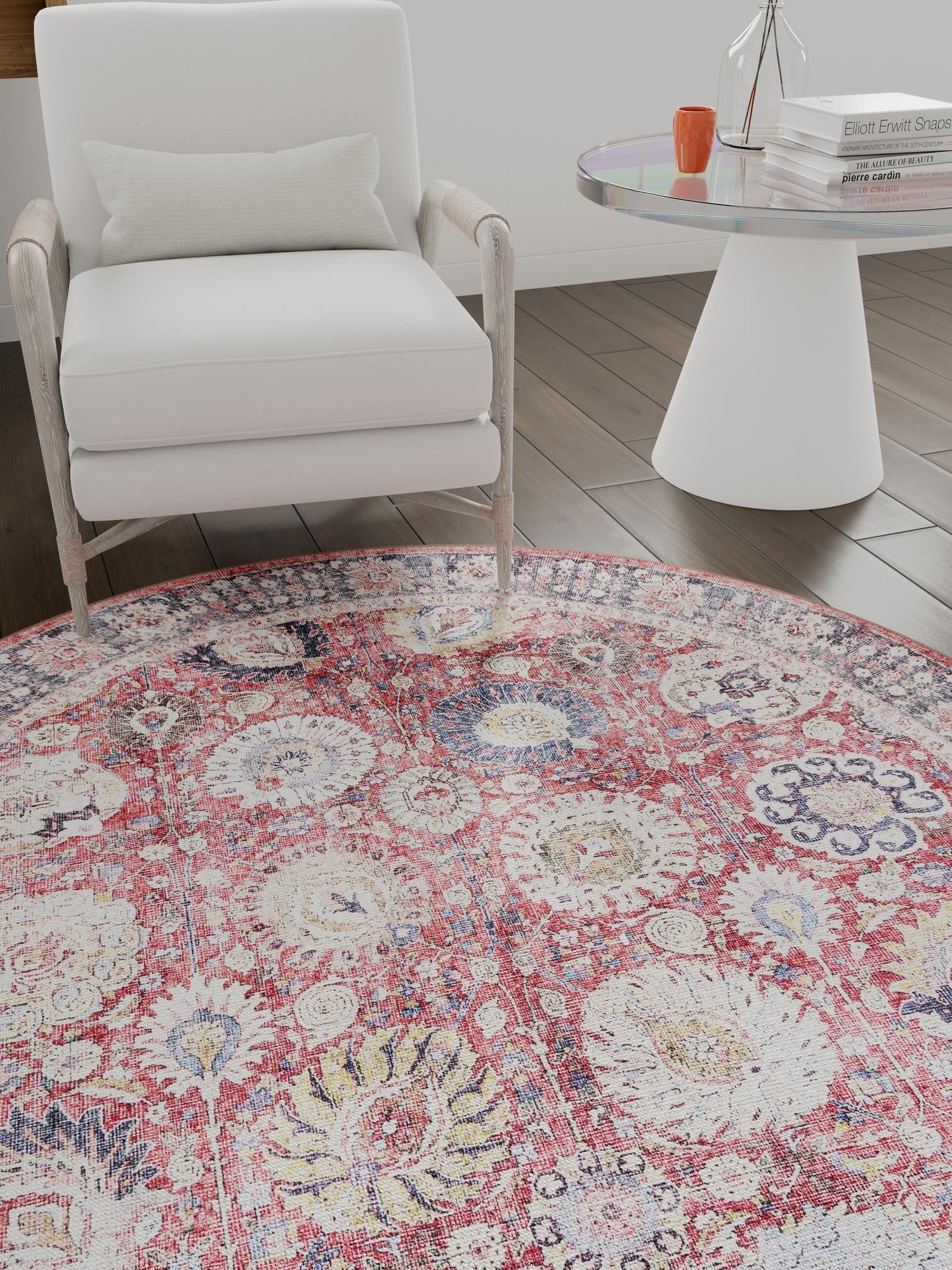 Washable Vintage Red 2' x 2' Timeless Round Area Rug Easy to Clean Stain Resistant & Durable Traditional Classic Vintage Design Carpet for Sale at Rug Engine