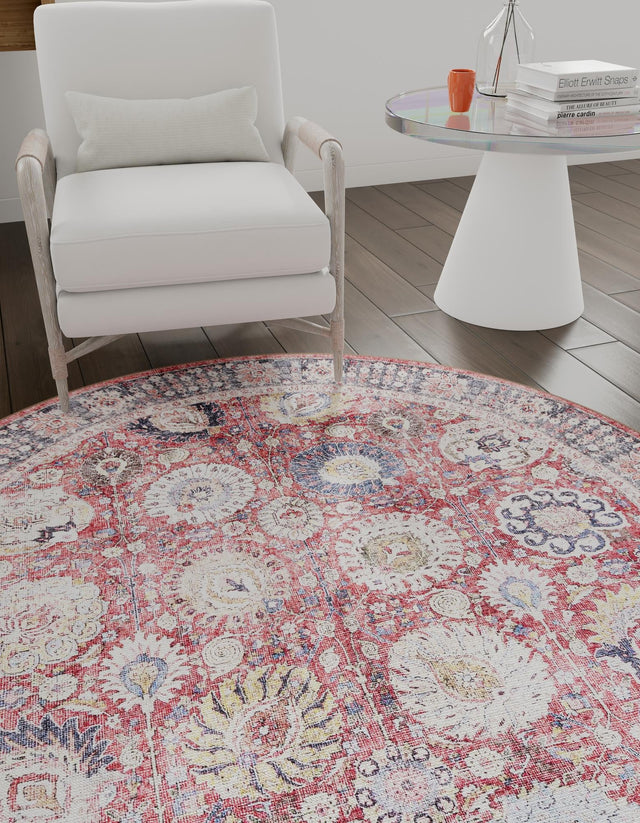 Washable Vintage Red 2' x 2' Timeless Round Area Rug Easy to Clean Stain Resistant & Durable Traditional Classic Vintage Design Carpet for Sale at Rug Engine