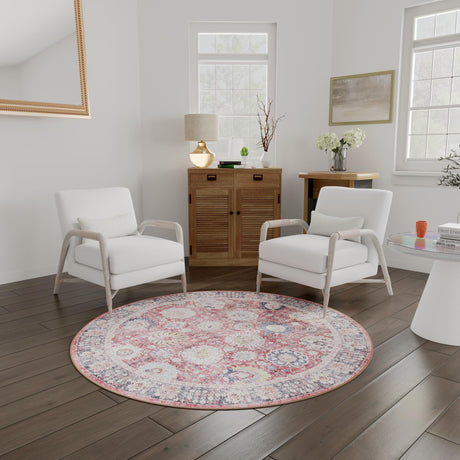 Washable Vintage Red 5' 1 x 5' 1 Timeless Round Area Rug Easy to Clean Stain Resistant & Durable Traditional Classic Vintage Design Carpet for Sale at Rug Engine