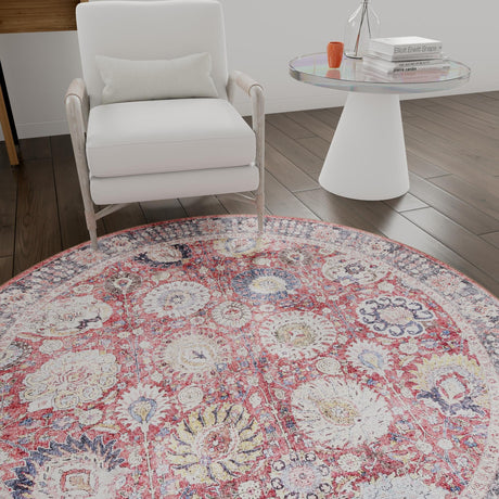 Washable Vintage Red 5' 1 x 5' 1 Timeless Round Area Rug Easy to Clean Stain Resistant & Durable Traditional Classic Vintage Design Carpet for Sale at Rug Engine