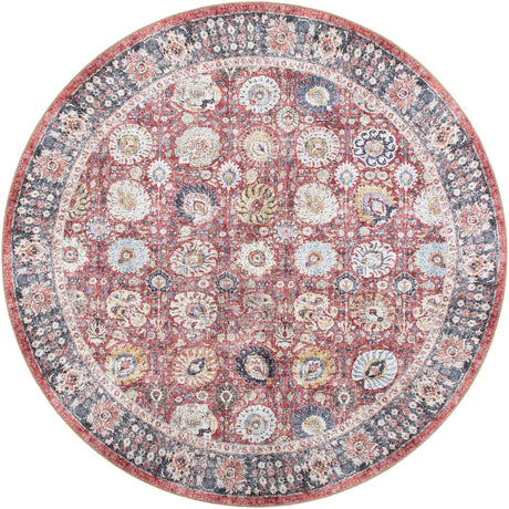 Washable Vintage Red 7' 10 x 7' 10 Timeless Round Area Rug Easy to Clean Stain Resistant & Durable Traditional Classic Vintage Design Carpet for Sale at Rug Engine