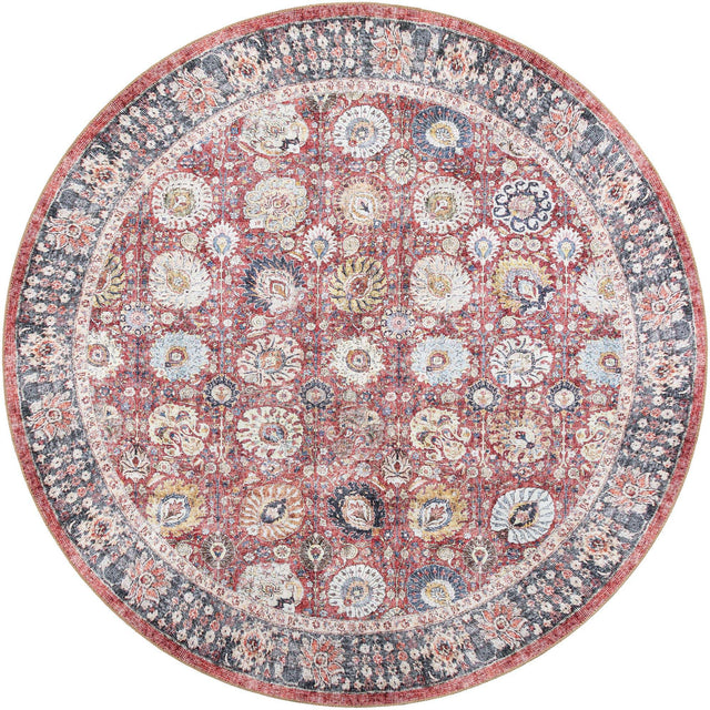 Washable Vintage Red 7' 10 x 7' 10 Timeless Round Area Rug Easy to Clean Stain Resistant & Durable Traditional Classic Vintage Design Carpet for Sale at Rug Engine