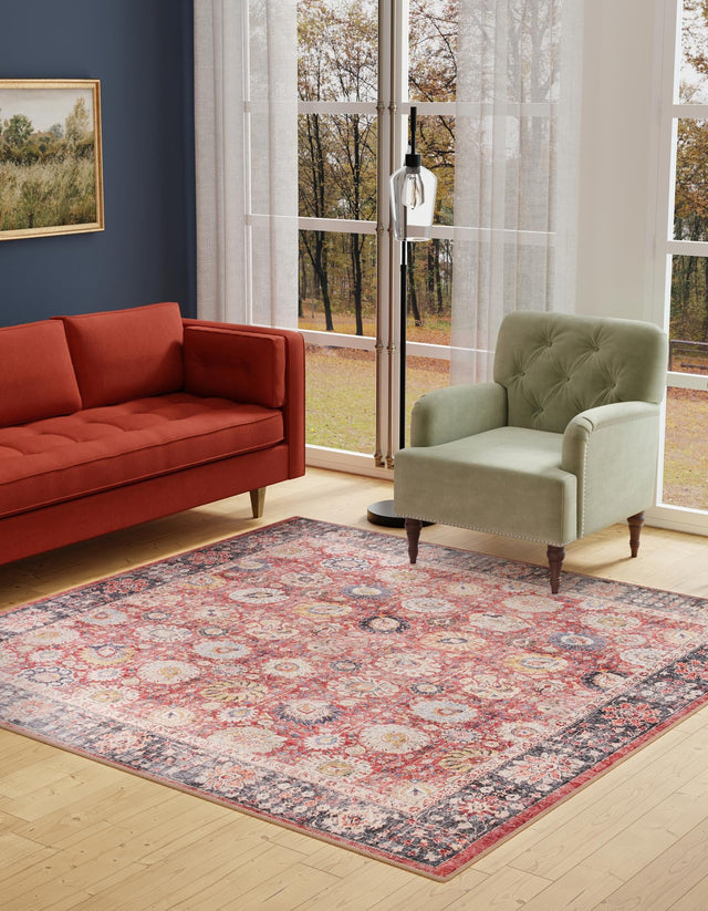 Washable Vintage Red 7' 10 x 7' 10 Timeless Square Area Rug Easy to Clean Stain Resistant & Durable Traditional Classic Vintage Design Carpet for Sale at Rug Engine