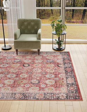 Washable Vintage Red 7' 10 x 7' 10 Timeless Square Area Rug Easy to Clean Stain Resistant & Durable Traditional Classic Vintage Design Carpet for Sale at Rug Engine
