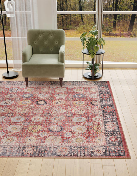 Washable Vintage Red 7' 10 x 7' 10 Timeless Square Area Rug Easy to Clean Stain Resistant & Durable Traditional Classic Vintage Design Carpet for Sale at Rug Engine