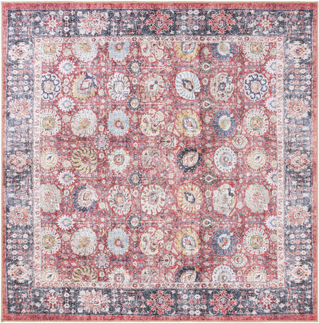 Washable Vintage Red 7' 10 x 7' 10 Timeless Square Area Rug Easy to Clean Stain Resistant & Durable Traditional Classic Vintage Design Carpet for Sale at Rug Engine