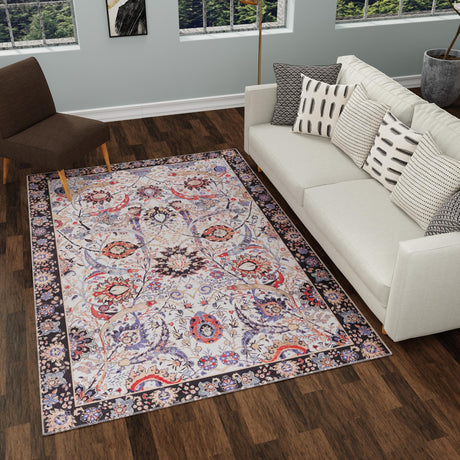 Washable Ivory 5' 1 x 8' Timeless Rectangle Area Rug Easy to Clean Stain Resistant & Durable Traditional Classic Vintage Design Carpet for Sale at Rug Engine