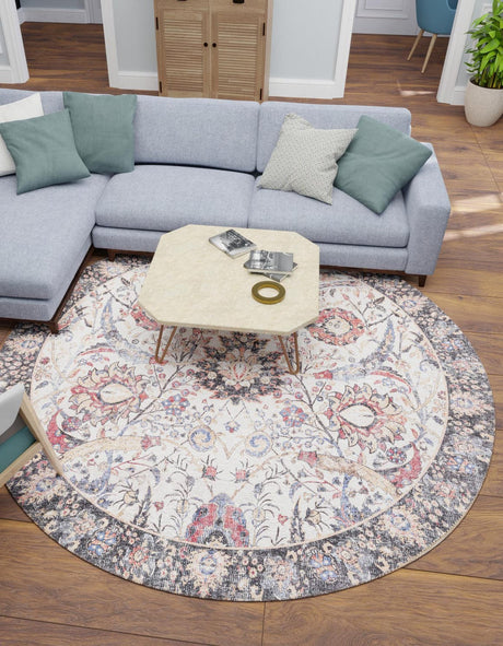 Washable Ivory 7' 10 x 7' 10 Timeless Round Area Rug Easy to Clean Stain Resistant & Durable Traditional Classic Vintage Design Carpet for Sale at Rug Engine