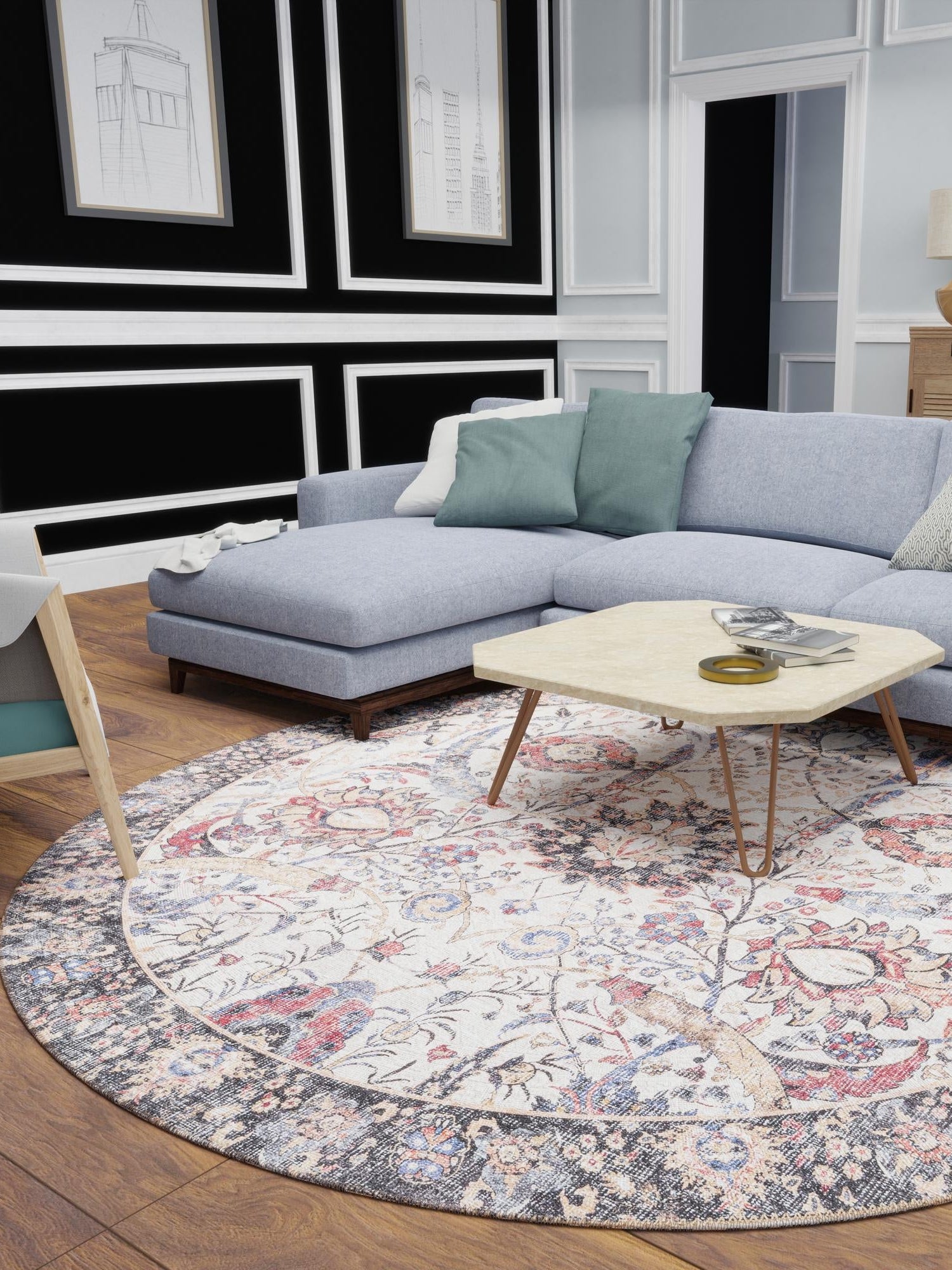 Washable Ivory 2' x 2' Timeless Round Area Rug Easy to Clean Stain Resistant & Durable Traditional Classic Vintage Design Carpet for Sale at Rug Engine