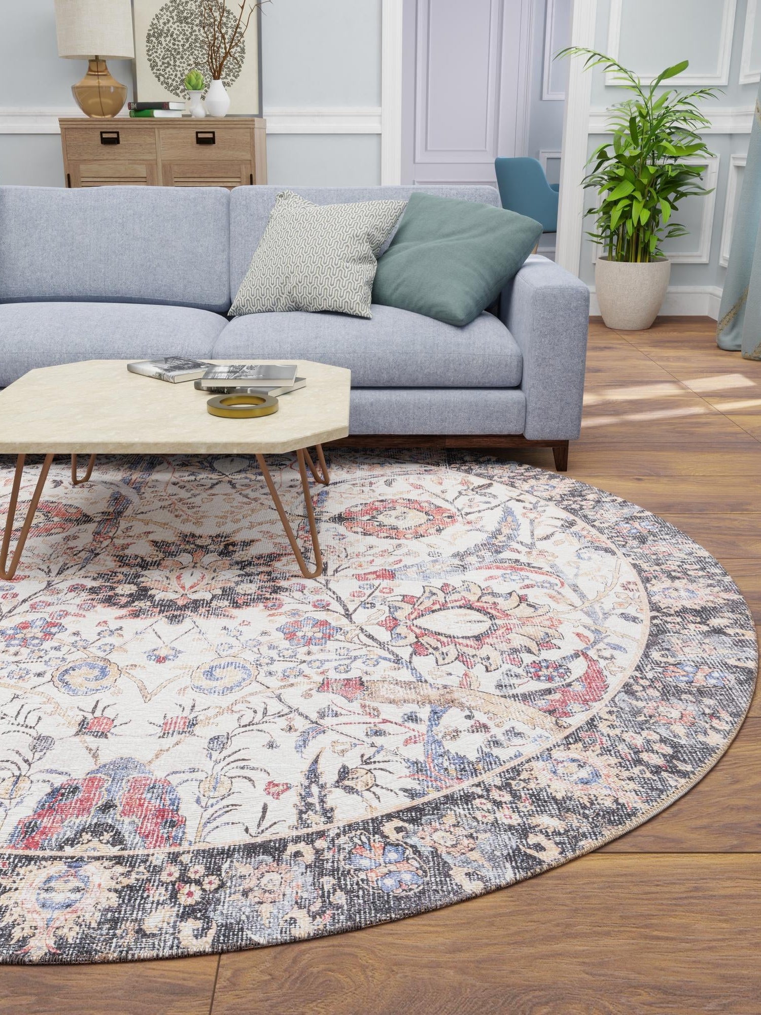 Washable Ivory 7' 10 x 7' 10 Timeless Round Area Rug Easy to Clean Stain Resistant & Durable Traditional Classic Vintage Design Carpet for Sale at Rug Engine