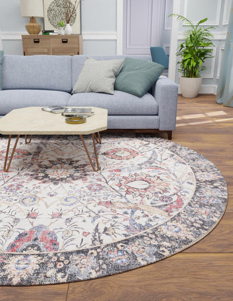 Washable Ivory 2' x 2' Timeless Round Area Rug Easy to Clean Stain Resistant & Durable Traditional Classic Vintage Design Carpet for Sale at Rug Engine