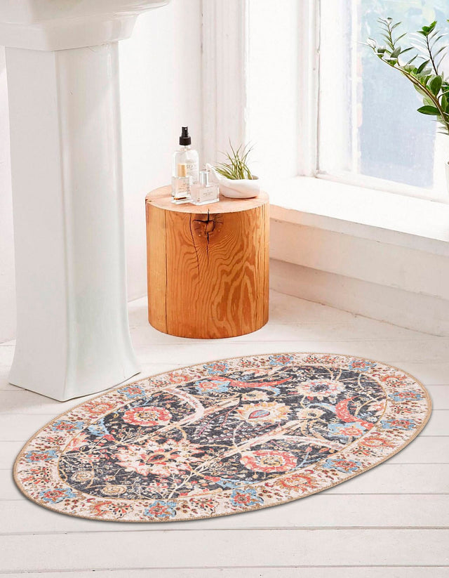 Washable Black 2' x 3' 1 Timeless Oval Area Rug Easy to Clean Stain Resistant & Durable Traditional Classic Vintage Design Carpet for Sale at Rug Engine