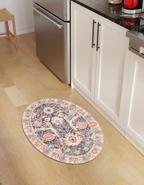 Washable Black 2' x 3' 1 Timeless Oval Area Rug Easy to Clean Stain Resistant & Durable Traditional Classic Vintage Design Carpet for Sale at Rug Engine