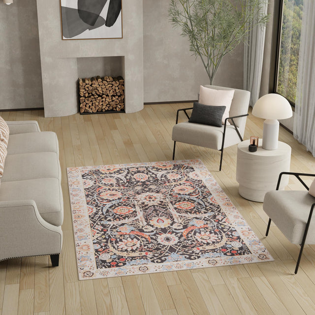 Washable Black 3' 6 x 5' 6 Timeless Rectangle Area Rug Easy to Clean Stain Resistant & Durable Traditional Classic Vintage Design Carpet for Sale at Rug Engine