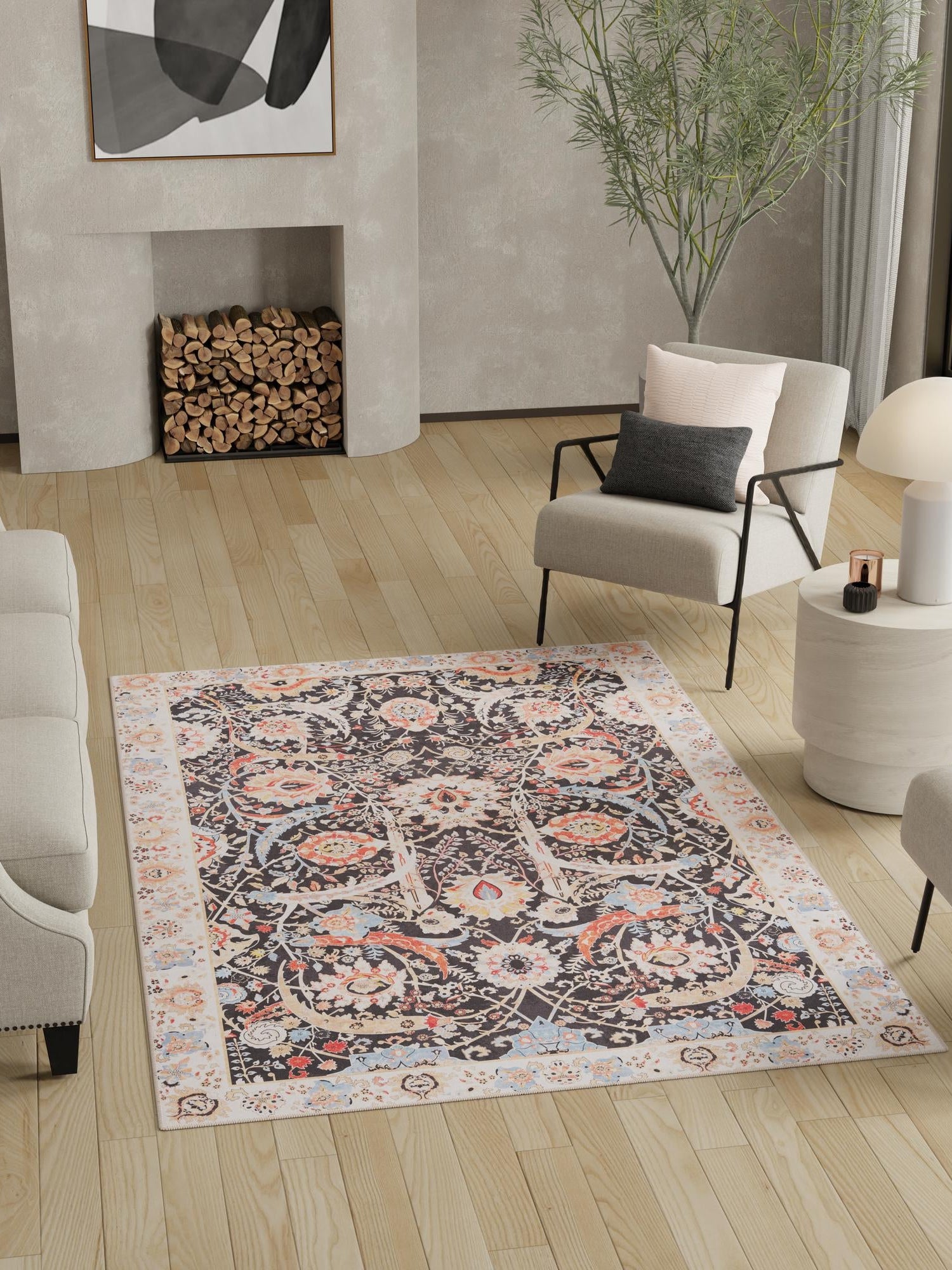 Washable Black 7' 10 x 10' Timeless Rectangle Area Rug Easy to Clean Stain Resistant & Durable Traditional Classic Vintage Design Carpet for Sale at Rug Engine