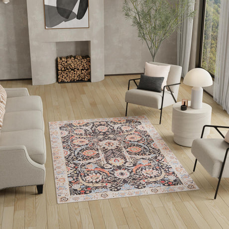 Washable Black 7' 10 x 10' Timeless Rectangle Area Rug Easy to Clean Stain Resistant & Durable Traditional Classic Vintage Design Carpet for Sale at Rug Engine