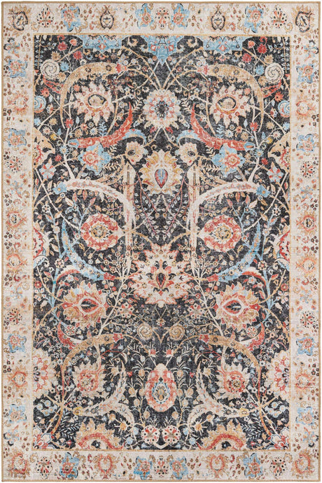 Washable Black 6' 1 x 9' Timeless Rectangle Area Rug Easy to Clean Stain Resistant & Durable Traditional Classic Vintage Design Carpet for Sale at Rug Engine