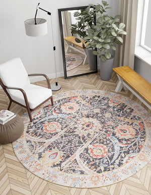 Washable Black 2' x 2' Timeless Round Area Rug Easy to Clean Stain Resistant & Durable Traditional Classic Vintage Design Carpet for Sale at Rug Engine