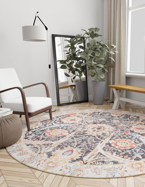 Washable Black 7' 10 x 7' 10 Timeless Round Area Rug Easy to Clean Stain Resistant & Durable Traditional Classic Vintage Design Carpet for Sale at Rug Engine