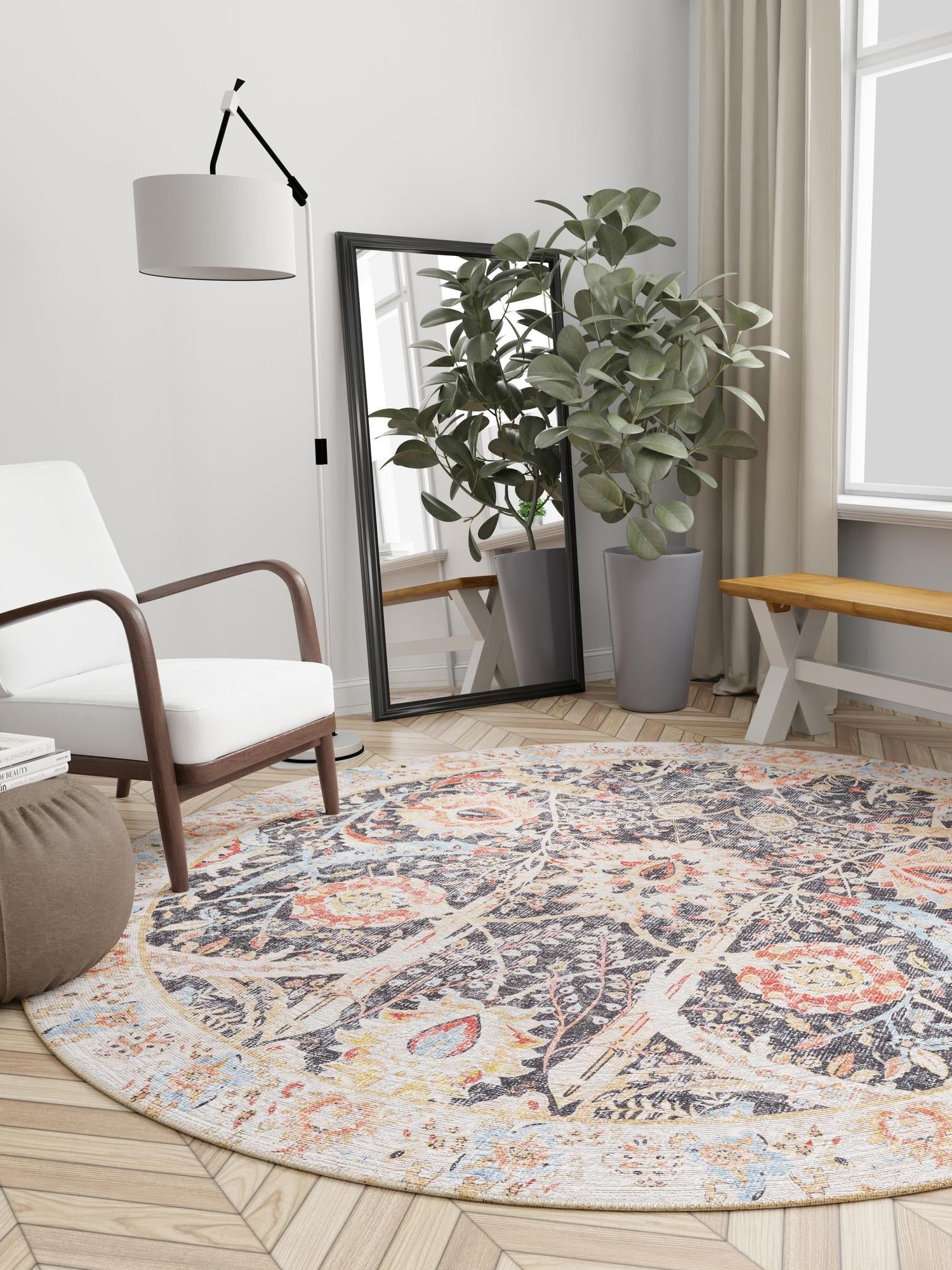 Washable Black 3' 6 x 3' 6 Timeless Round Area Rug Easy to Clean Stain Resistant & Durable Traditional Classic Vintage Design Carpet for Sale at Rug Engine
