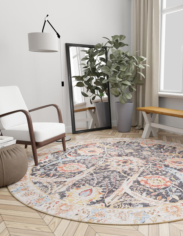 Washable Black 3' 6 x 3' 6 Timeless Round Area Rug Easy to Clean Stain Resistant & Durable Traditional Classic Vintage Design Carpet for Sale at Rug Engine