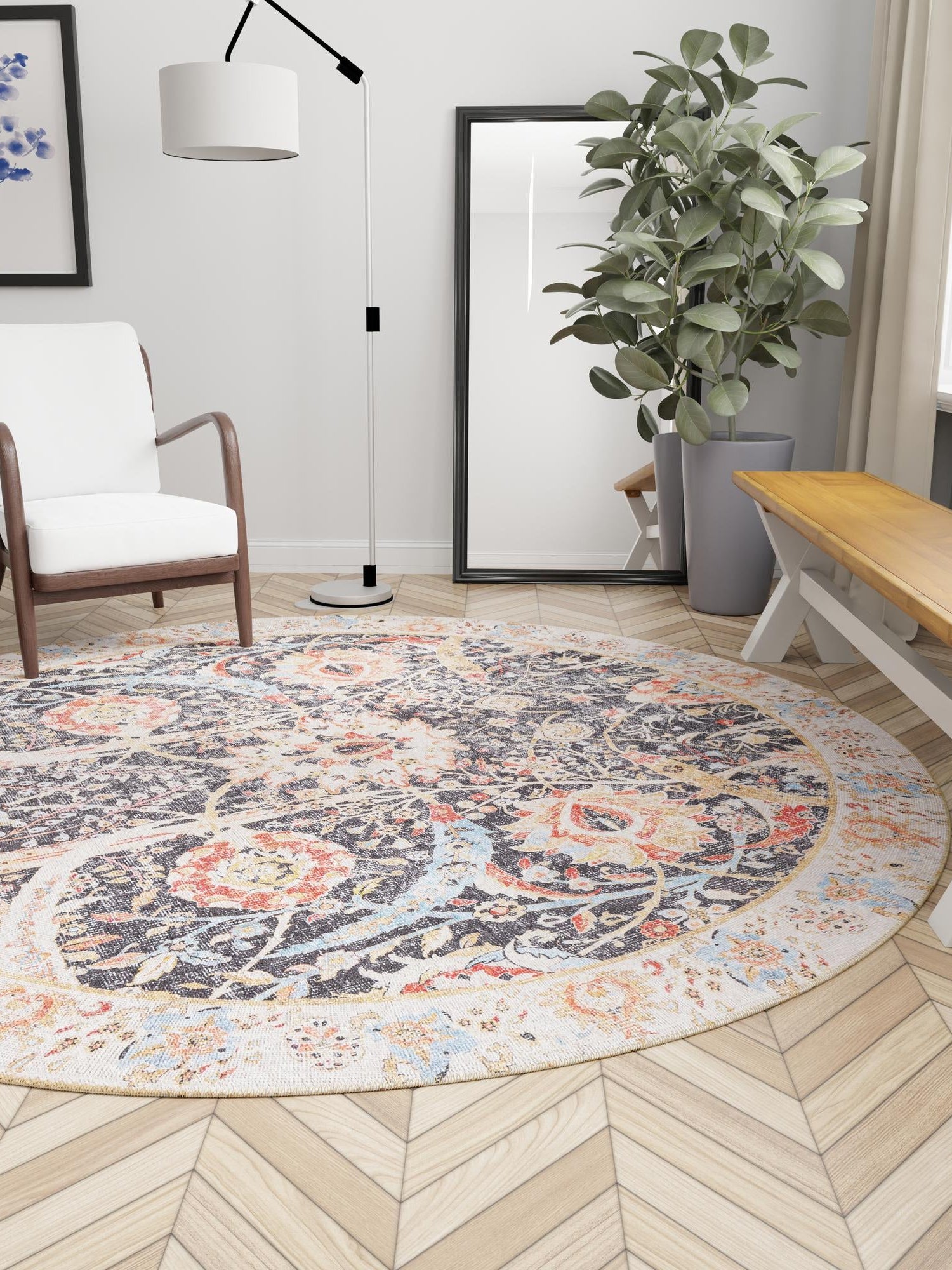 Washable Black 2' x 2' Timeless Round Area Rug Easy to Clean Stain Resistant & Durable Traditional Classic Vintage Design Carpet for Sale at Rug Engine