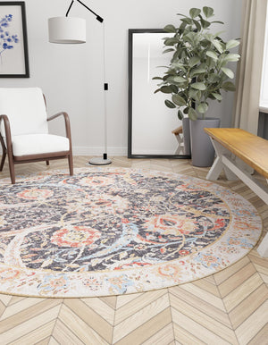 Washable Black 2' x 2' Timeless Round Area Rug Easy to Clean Stain Resistant & Durable Traditional Classic Vintage Design Carpet for Sale at Rug Engine