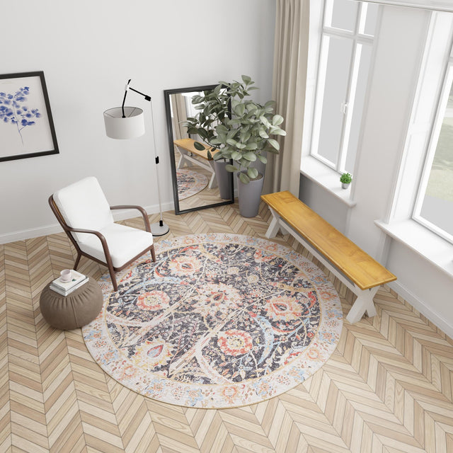 Washable Black 2' x 2' Timeless Round Area Rug Easy to Clean Stain Resistant & Durable Traditional Classic Vintage Design Carpet for Sale at Rug Engine