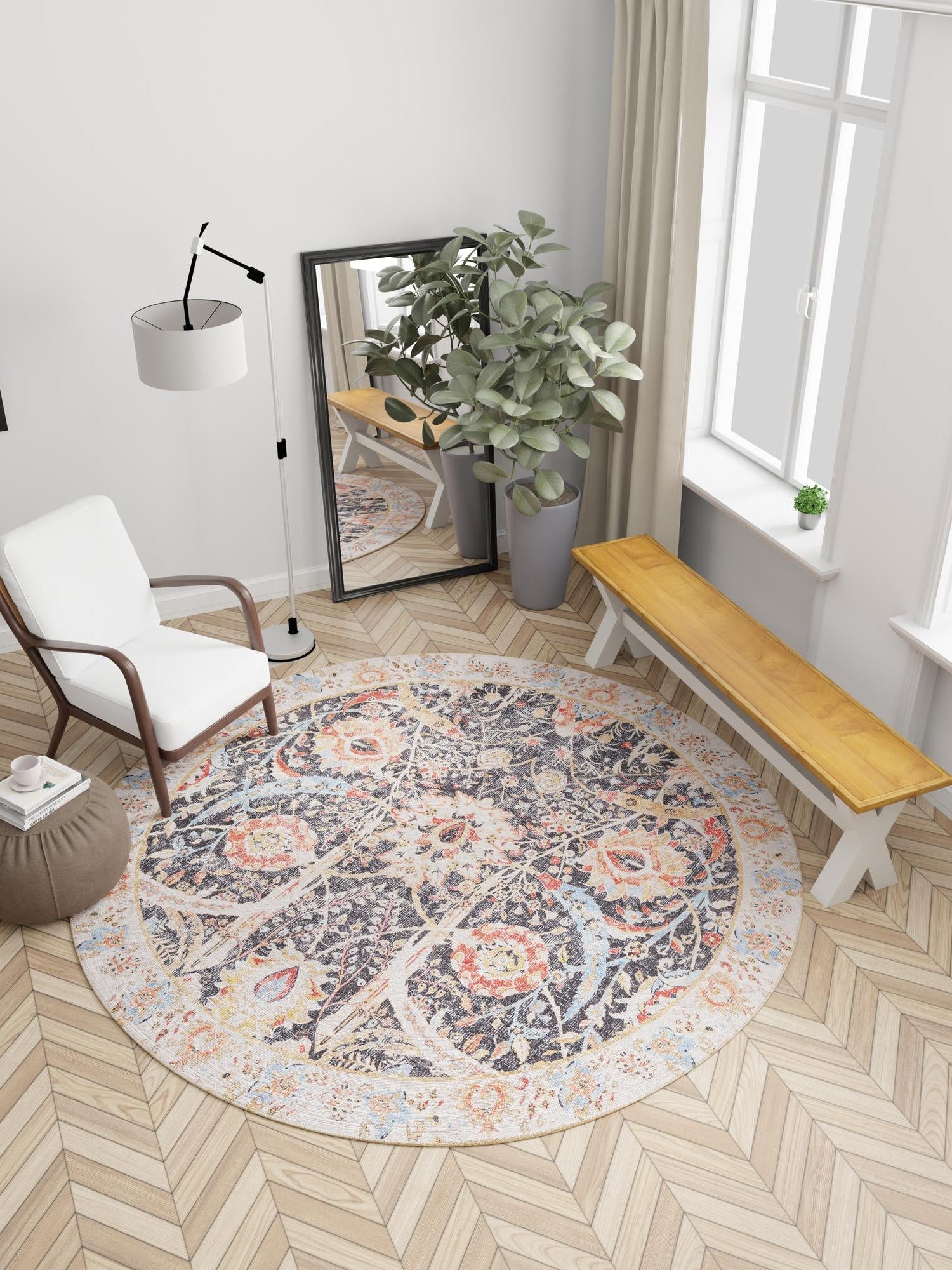 Washable Black 7' 10 x 7' 10 Timeless Round Area Rug Easy to Clean Stain Resistant & Durable Traditional Classic Vintage Design Carpet for Sale at Rug Engine