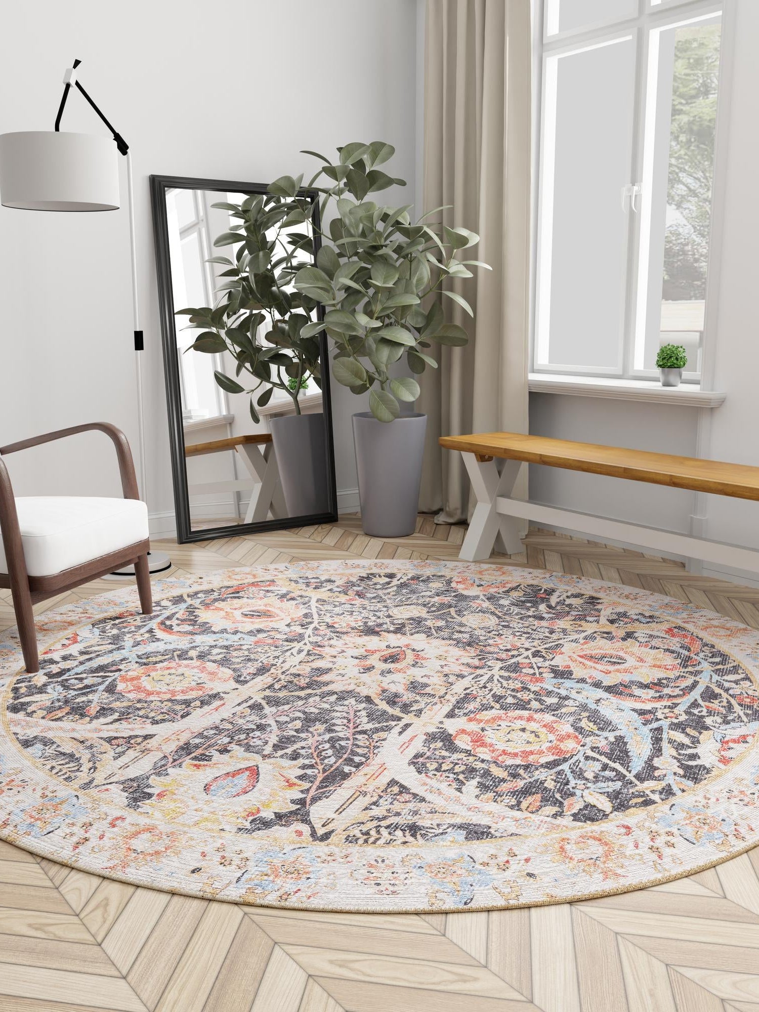 Washable Black 2' x 2' Timeless Round Area Rug Easy to Clean Stain Resistant & Durable Traditional Classic Vintage Design Carpet for Sale at Rug Engine