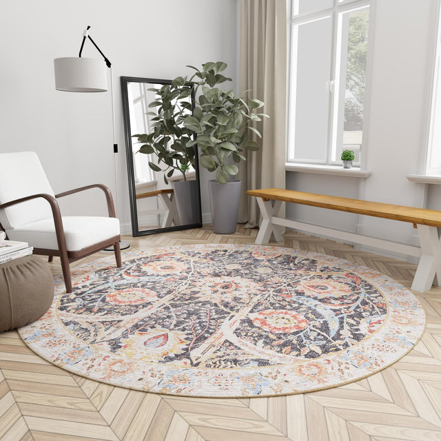 Washable Black 2' x 2' Timeless Round Area Rug Easy to Clean Stain Resistant & Durable Traditional Classic Vintage Design Carpet for Sale at Rug Engine