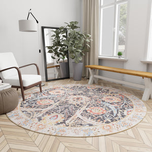 Washable Black 7' 10 x 7' 10 Timeless Round Area Rug Easy to Clean Stain Resistant & Durable Traditional Classic Vintage Design Carpet for Sale at Rug Engine