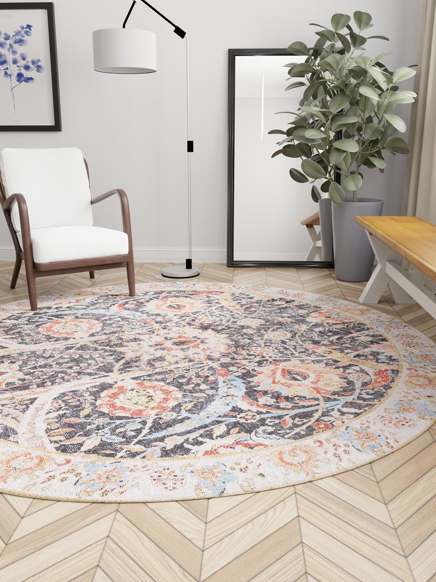 Washable Black 2' x 2' Timeless Round Area Rug Easy to Clean Stain Resistant & Durable Traditional Classic Vintage Design Carpet for Sale at Rug Engine