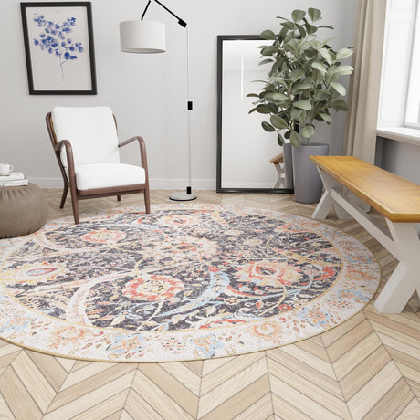 Washable Black 2' x 2' Timeless Round Area Rug Easy to Clean Stain Resistant & Durable Traditional Classic Vintage Design Carpet for Sale at Rug Engine