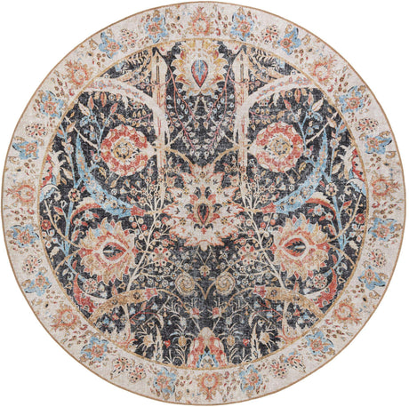Washable Black 7' 10 x 7' 10 Timeless Round Area Rug Easy to Clean Stain Resistant & Durable Traditional Classic Vintage Design Carpet for Sale at Rug Engine